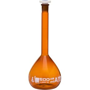 Volumetric Flask, 500ml - Class A - 19/26 Polypropylene Stopper, Borosilicate Glass, Amber - White Graduation Mark, Tolerance ±0.250 ml - Eisco Labs in Kuwait