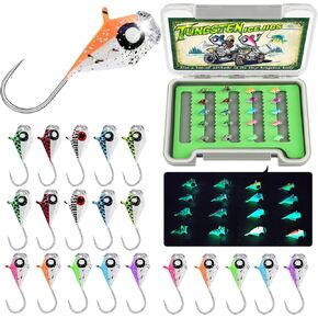 LUCKYFISHING Tungsten Ice Fishing Jigs 20pcs / 60pcs طعوم الصيد الجليدية المتوهجة في الظلام 1/15oz (1.9g) Crappie السحر ل Panfish Walleye Crappie Fishing Gift in Kuwait