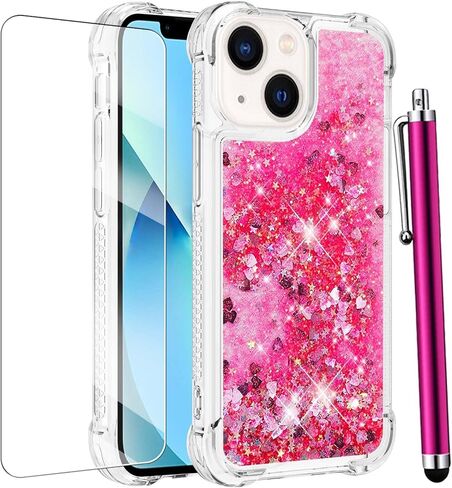 for iPhone 13 Case, iPhone 14 Case Glitter with Screen Protector, Liquid Bling Sparkle Floating Cute Women Girls Girly Soft TPU Shockproof Protective Phone Cover for iPhone 13/14 -Hot Pink in Saudi Arabia