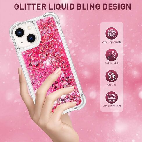 for iPhone 13 Case, iPhone 14 Case Glitter with Screen Protector, Liquid Bling Sparkle Floating Cute Women Girls Girly Soft TPU Shockproof Protective Phone Cover for iPhone 13/14 -Hot Pink in Saudi Arabia