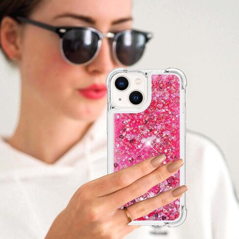 for iPhone 13 Case, iPhone 14 Case Glitter with Screen Protector, Liquid Bling Sparkle Floating Cute Women Girls Girly Soft TPU Shockproof Protective Phone Cover for iPhone 13/14 -Hot Pink in Saudi Arabia