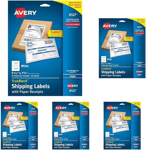 ملصقات شحن Avery مع إيصالات ورقية وتقنية TrueBlock للطابعات النافثة للحبر 5-1/16 × 7-5/8، عبوة من 25 قطعة (8127) in Kuwait