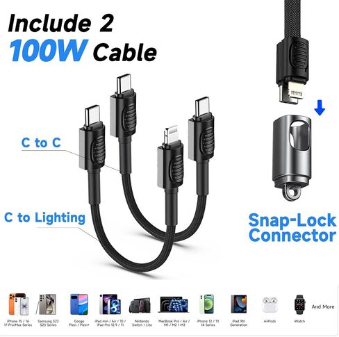 شاحن USB C لشاحن iPhone 16/15 شحن سريع، تصميم سلسلة مفاتيح GaN كتلة شاحن حائط سريع مع عبوتين USB C إلى C & C إلى كابل Lightning، قابل للطي وصغير الحجم لهاتف iPhone 17/16/15، iPad (رمادي) in Kuwait