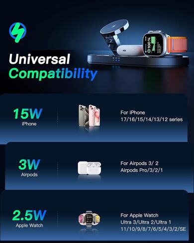 Foldable 3 in 1 Wireless Charging Station for Apple Mag-Safe Charger Stand | Fast Magnetic Wireless Charger Station for iPhone 17 Air 16 15 14 13 12, Apple Watch, AirPods Pro/4/3/2, and More (Black) in Kuwait