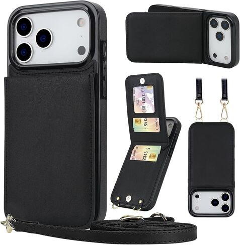 HOGGU Compatible for iPhone 17 Pro Case Wallet with Crossbody Strap, 4 Card Holder [RFID Blocking], Flip Vegan Leather Protective Shockproof Slim Wallet Phone Case for Women Girls, Black in Saudi Arabia