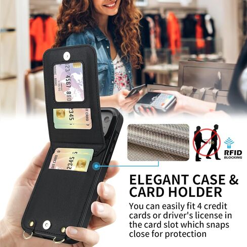 HOGGU Compatible for iPhone 17 Pro Case Wallet with Crossbody Strap, 4 Card Holder [RFID Blocking], Flip Vegan Leather Protective Shockproof Slim Wallet Phone Case for Women Girls, Black in Saudi Arabia