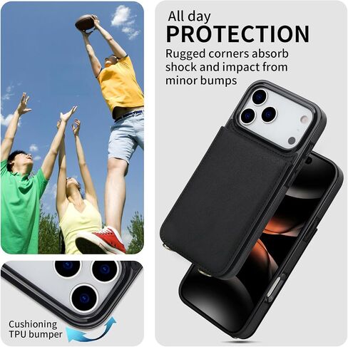 HOGGU Compatible for iPhone 17 Pro Case Wallet with Crossbody Strap, 4 Card Holder [RFID Blocking], Flip Vegan Leather Protective Shockproof Slim Wallet Phone Case for Women Girls, Black in Saudi Arabia