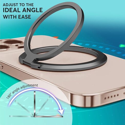 حامل حلقة مغناطيسية لهاتف iPhone، مقبض ومسند للهاتف متوافق مع MagSafe، حامل من سبائك الألومنيوم خفيف الوزن للغاية، مرفق مغناطيسي قوي، تصميم متين مضاد للخدش، أسود in Kuwait