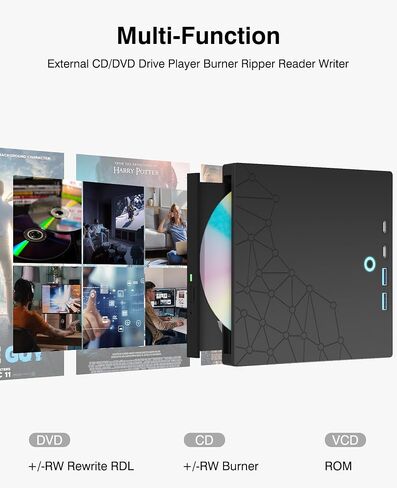 External CD/DVD Drive for Laptop, DVD Burner CD Reader for Laptop, 8-in-1 USB 3.0 Portable CD Players with SD/TF Ports, External Disk Drive Optical for MacBook Windows 11 10 PC Linux OS in Saudi Arabia