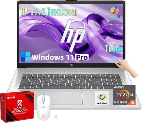 HP 17.3 Touchscreen Laptop Computer for Business, 17.3" 250 nits Anti-Glare Display, Ryzen 5 7430U(UP to 4.3GHz), 64GB RAM+2TB SSD, Windows 11 Pro, Fast Charge, AI Copilot Key, w/Redragon Bundle in Saudi Arabia