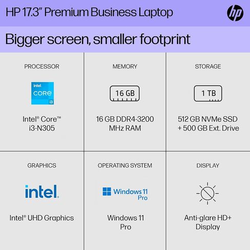 HP 17 Laptop 2025 Pavilion, 17.3" HD+ Business Computer, 8-Core Intel i3 Processor, 16GB RAM & 1TB Storage (500GB SSD + 500GB Ext), Wi-Fi 6, Long Battery, HubxcelAccessory, Lifetime Office, Win 11 Pro in Kuwait