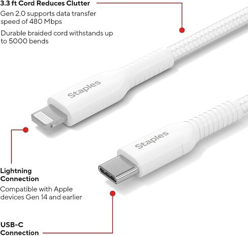 كابل شحن متوافق من لايتنينج إلى USB-C، 3.3 قدم، أبيض (ST62332) in Kuwait