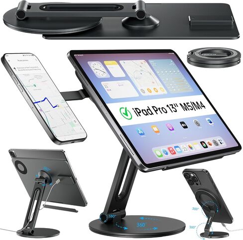 حامل شحن لاسلكي مغناطيسي 2 في 1 لجهاز iPad Pro 13 بوصة M4/M5 وحامل هاتف مغناطيسي لهاتف iPhone 17-12، حامل كمبيوتر لوحي من الألومنيوم قابل للطي بزاوية 360 درجة للمكتب مع كابل USB بطول 1 متر in Kuwait