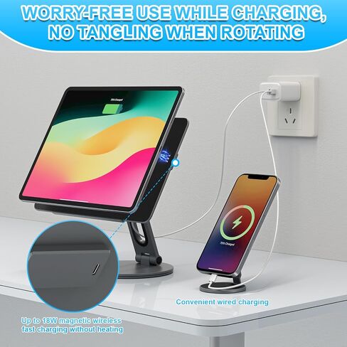 حامل شحن لاسلكي مغناطيسي 2 في 1 لجهاز iPad Pro 13 بوصة M4/M5 وحامل هاتف مغناطيسي لهاتف iPhone 17-12، حامل كمبيوتر لوحي من الألومنيوم قابل للطي بزاوية 360 درجة للمكتب مع كابل USB بطول 1 متر in Kuwait