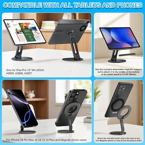 حامل شحن لاسلكي مغناطيسي 2 في 1 لجهاز iPad Pro 13 بوصة M4/M5 وحامل هاتف مغناطيسي لهاتف iPhone 17-12، حامل كمبيوتر لوحي من الألومنيوم قابل للطي بزاوية 360 درجة للمكتب مع كابل USB بطول 1 متر in Kuwait