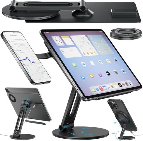 حامل شحن لاسلكي مغناطيسي 2 في 1 لجهاز iPad Pro 13 بوصة M4/M5 وحامل هاتف مغناطيسي لهاتف iPhone 17-12، حامل كمبيوتر لوحي من الألومنيوم قابل للطي بزاوية 360 درجة للمكتب مع كابل USB بطول 1 متر in Kuwait