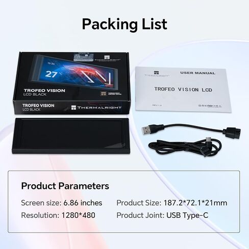 Thermalright Trofeo Vision LCD AIO Display 6.86" PC Monitor, USB Type-C Screen for Real-Time Hardware Monitoring, with Preset & DIY Themes for Gaming PC Case/CPU Cooler(Black) in Kuwait