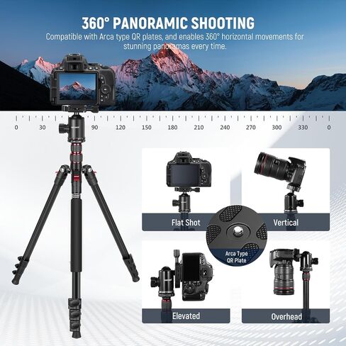NEEWER 77 inch Camera Phone Tripod Monopod & Mini Camera Flash Light, Compact Aluminum Lightweight Travel Stand with Ball Head, 2 Axis Center Column, Arca Type QR Plate 34lb Max Load, Bag Included in Saudi Arabia