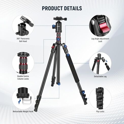 NEEWER 77 inch Camera Phone Tripod Monopod & Mini Camera Flash Light, Compact Aluminum Lightweight Travel Stand with Ball Head, 2 Axis Center Column, Arca Type QR Plate 34lb Max Load, Bag Included in Saudi Arabia