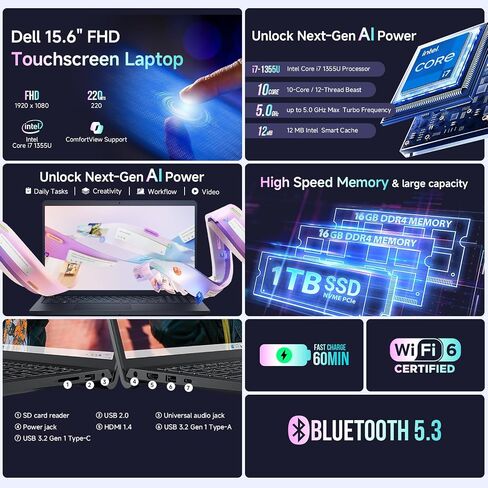 كمبيوتر محمول Dell 15 بشاشة تعمل باللمس للأعمال، معالج Intel 10-Core i7-1355U (يصل إلى 5.00 جيجاهرتز)، شاشة 15.6 بوصة 2K مضادة للتوهج FHD (1920 × 1080)، Copilot AI، ذاكرة الوصول العشوائي 32 جيجابايت، 1 تيرابايت SSD، Wi-Fi 6، Windows 11 Pro in Saudi Arabia