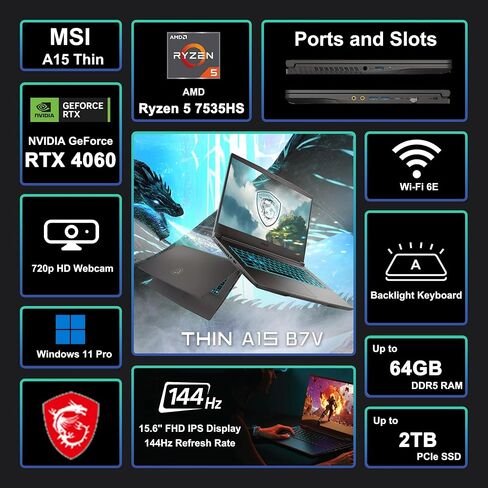 msi Thin A15 Gaming Laptop 15.6" FHD IPS 144Hz AMD 6 core Ryzen 5 7535HS 32GB RAM 2TB SSD GeForce RTX 4060 (Up to 233 AI Tops) Backlit Type-C Wi-Fi6E Win11Pro ICP Hub in Saudi Arabia