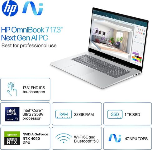 HP OmniBook 7 Copilot+ AI PC كمبيوتر محمول للأعمال (الجيل التالي Envy 17)، شاشة لمس 17.3 بوصة FHD، Intel Ultra 7 Series 2 258V(>Ultra 9 185H)، GeForce RTX 4050، 32 جيجابايت DDR5، 2 تيرابايت SSD، لوحة مفاتيح بإضاءة خلفية، Windows 11 Pro in Saudi Arabia