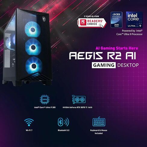 كمبيوتر مكتبي للألعاب msi Aegis R2 AI - معالج Intel Core Ultra 9 285 24-Core، ذاكرة وصول عشوائي DDR5 سعة 64 جيجابايت، محرك أقراص NVMe SSD سعة 2 تيرابايت، NVIDIA GeForce RTX 5070 Ti 16 جيجابايت GDDR7، نظام التشغيل Windows 11 Home in Saudi Arabia