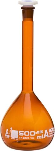 Volumetric Flask, 500ml - Class A - 19/26 Polypropylene Stopper, Borosilicate Glass, Amber - White Graduation Mark, Tolerance ±0.250 ml - Eisco Labs in Kuwait