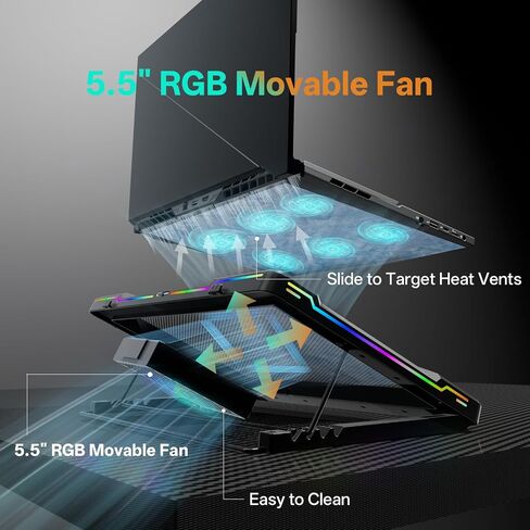مبرد كمبيوتر محمول DEPGI متحرك RGB مع مروحة منزلقة مقاس 5.5 بوصة، وحامل تبريد مريح مع 8 أوضاع إضاءة لأجهزة الكمبيوتر المحمولة المخصصة للألعاب مقاس 14-17.3 بوصة in Kuwait