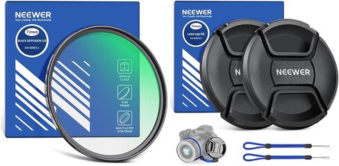 NEEWER 72mm Black Diffusion 1/8 Filter Soft Dreamy Cinematic Effect Filter and Lens Cap Kit (2 Pack), Lens Cover with Anti Loss Strap and Cleaning Cloth in Saudi Arabia
