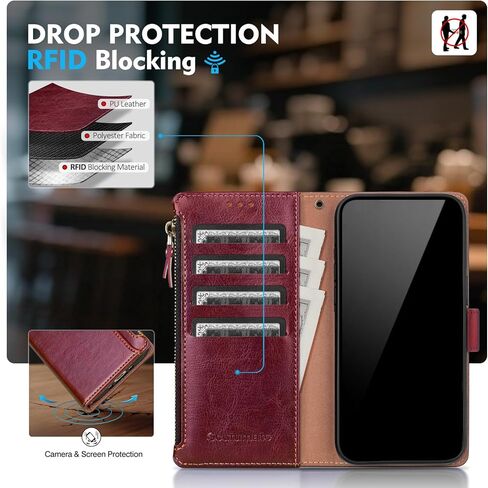 متوافق مع حافظة محفظة Samsung Galaxy S21 FE مع حامل بطاقات RFID بسحاب بوكيت من جلد البولي يوريثان، غطاء حماية قلاب مع حزام معصم وفتحات لبطاقة الائتمان للرجال والنساء، أحمر خمري in Kuwait