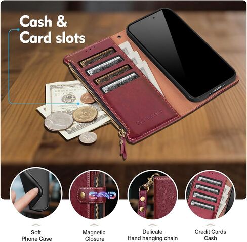 متوافق مع حافظة محفظة Samsung Galaxy S21 FE مع حامل بطاقات RFID بسحاب بوكيت من جلد البولي يوريثان، غطاء حماية قلاب مع حزام معصم وفتحات لبطاقة الائتمان للرجال والنساء، أحمر خمري in Kuwait