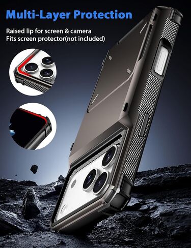حافظة محفظة COOYA لهاتف iPhone 17 Pro Max مقاس 6.9 بوصة مصنوعة من المعدن، حامل بطاقات ائتمان 3-5، غطاء قلاب بفتحة، جيب خلفي، غطاء صلب واقٍ بطبقة مزدوجة + بطانة داخلية من مطاط TPU الناعم، درع ممتص للصدمات، غير قابل للانزلاق، للرجال والنساء in Kuwait