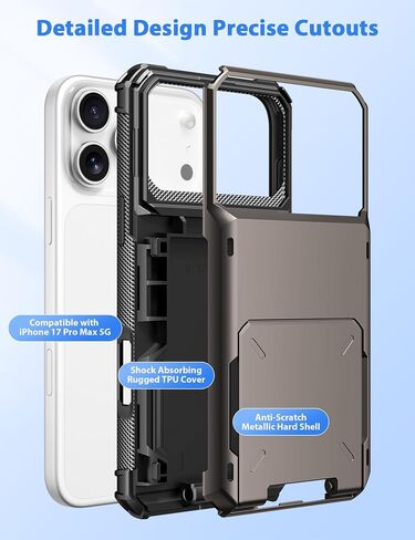 حافظة محفظة COOYA لهاتف iPhone 17 Pro Max مقاس 6.9 بوصة مصنوعة من المعدن، حامل بطاقات ائتمان 3-5، غطاء قلاب بفتحة، جيب خلفي، غطاء صلب واقٍ بطبقة مزدوجة + بطانة داخلية من مطاط TPU الناعم، درع ممتص للصدمات، غير قابل للانزلاق، للرجال والنساء in Kuwait