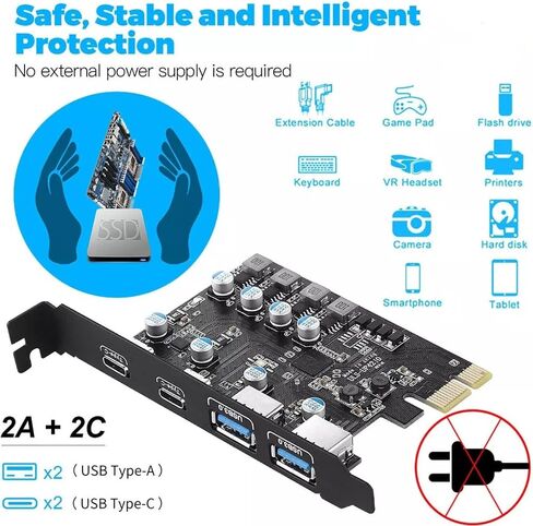 بطاقة توسيع USB3.0 PCIE مع منافذ USB-A وUSB-C مزدوجة تدعم PCIE 4.0 3.0 2.0 1.0 5V 2A مخرج طاقة بطاقة USB 5 جيجابت في الثانية in Saudi Arabia
