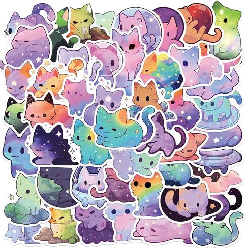50 Pcs Cartoon Rainbow Starry Sky Cat Stickers Decals Holographic Sparkly Cute Animal Sticker for Water Bottles, Laptops, Skateboards, Vinyl Waterproof, Cool Pet Sticker, Cat Birthday Party Supplies in Saudi Arabia