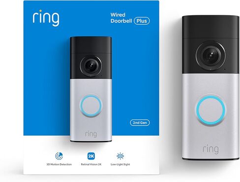 Ring Wired Doorbell Plus (أحدث طراز)، أمان المنزل أو العمل، Retinal 2K مع فيديو بزاوية واسعة، تكبير محسن 4x، ورؤية منخفضة الإضاءة، فضي نيكل in Saudi Arabia