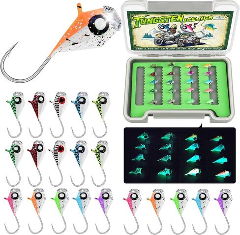 LUCKYFISHING Tungsten Ice Fishing Jigs 20pcs / 60pcs طعوم الصيد الجليدية المتوهجة في الظلام 1/15oz (1.9g) Crappie السحر ل Panfish Walleye Crappie Fishing Gift in Kuwait