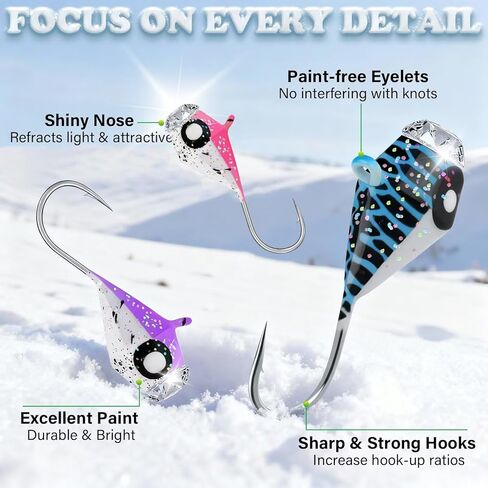 LUCKYFISHING Tungsten Ice Fishing Jigs 20pcs / 60pcs طعوم الصيد الجليدية المتوهجة في الظلام 1/15oz (1.9g) Crappie السحر ل Panfish Walleye Crappie Fishing Gift in Kuwait