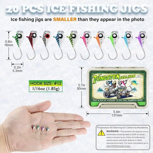 LUCKYFISHING Tungsten Ice Fishing Jigs 20pcs / 60pcs طعوم الصيد الجليدية المتوهجة في الظلام 1/15oz (1.9g) Crappie السحر ل Panfish Walleye Crappie Fishing Gift in Kuwait
