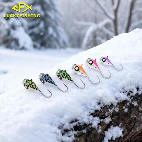 LUCKYFISHING Tungsten Ice Fishing Jigs 20pcs / 60pcs طعوم الصيد الجليدية المتوهجة في الظلام 1/15oz (1.9g) Crappie السحر ل Panfish Walleye Crappie Fishing Gift in Kuwait