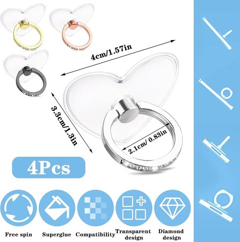 Cell Phone Ring Holder, Phone Case Ring, Heart Bling Diamond Cellphone Rings Holder Grip with Rhinestone Finger Grip 360° Rotation Compatible with Smartphones Case in Saudi Arabia