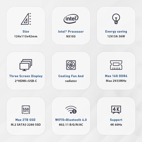 كمبيوتر Beelink Mini - الجيل 112 Intel N5105 (يصل إلى 2.9 جيجا هرتز)، 16 جيجا DDR4، 500 جيجا SSD، 4K ثلاث شاشات عرض، WiFi 5، BT 4.0، شبكة LAN مزدوجة 1000 ميجا بت في الثانية - كمبيوتر مكتبي صغير منخفض الطاقة in Kuwait