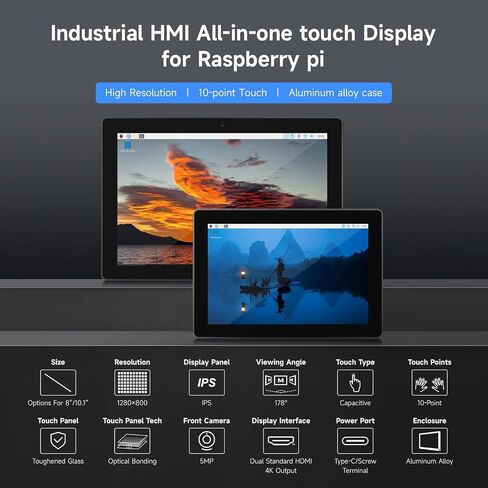 Industrial HMI All-in-one Touch Display for Raspberry Pi 5 4, 10.1inch Screen Monitor, Dual 4K HDMI Output, 10-Point Touch @XYGStudy (RPI-HMI-101D-ACCE-B) in Kuwait