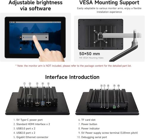 Industrial HMI All-in-one Touch Display for Raspberry Pi 5 4, 10.1inch Screen Monitor, Dual 4K HDMI Output, 10-Point Touch @XYGStudy (RPI-HMI-101D-ACCE-B) in Kuwait