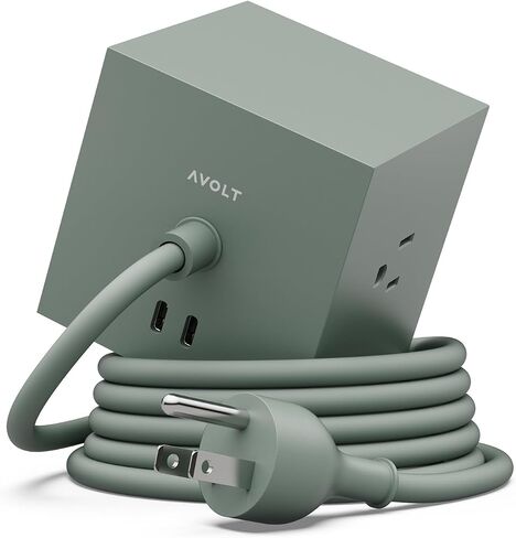 قطاع طاقة Avolt Square 1 مع شحن سريع USB-C وسلك تمديد بطول 5.9 قدم | تصميم إسكندنافي مبدع | 3 منافذ من النوع B، قاعدة مغناطيسية | الفائز بجائزة Red Dot (بلوط أخضر، USB C - 5.9 قدم) in Kuwait