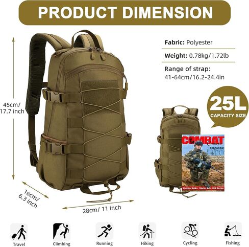25L Hiking Backpack Small Tactical Backpack Daypack Camping Trekking Hunting Molle Pack for Men Women, Khaki in Saudi Arabia