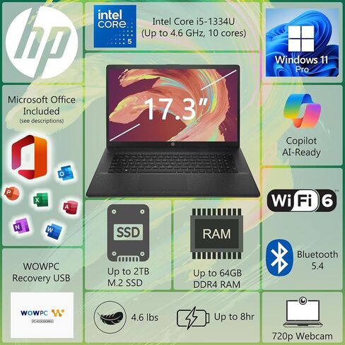 كمبيوتر محمول HP 17 Business، الجيل الثالث عشر Intel 10-Core i5-1334U (Beats i7-1255U)، شاشة LED مضادة للوهج مقاس 17.3 بوصة، Copilot AI-Ready، ذاكرة الوصول العشوائي 32 جيجابايت، 1 تيرابايت SSD، Wi-Fi 6، HDMI، Microsoft Office، Windows 11 Pro، WOWPC USB in Saudi Arabia