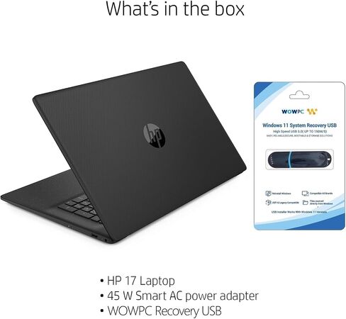كمبيوتر محمول HP 17 Business، الجيل الثالث عشر Intel 10-Core i5-1334U (Beats i7-1255U)، شاشة LED مضادة للوهج مقاس 17.3 بوصة، Copilot AI-Ready، ذاكرة الوصول العشوائي 32 جيجابايت، 1 تيرابايت SSD، Wi-Fi 6، HDMI، Microsoft Office، Windows 11 Pro، WOWPC USB in Saudi Arabia