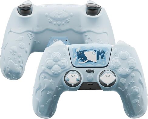 PlayVital for PS5 Controller Cover Skin - Cute Ocean Whisper Series Semi-Clear Silicone Case for PS5 Controller with Thumb Grip & Sticker, Charging Station Compatible, Full Protection - Mint Blue in Saudi Arabia